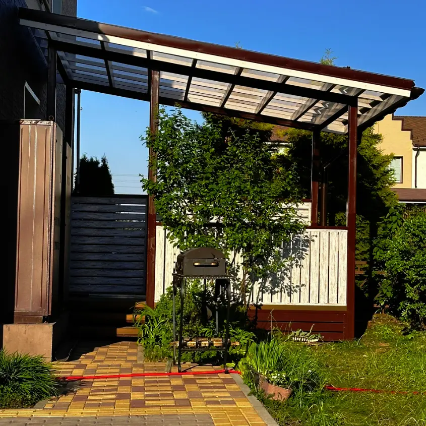 Фото 6 Беседка из металлопланкена Светлая Береза SteelArt под дерево