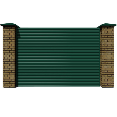 Секция забора жалюзи из ламелей еврожалюзи RAL6005 Зеленый Мох зеленая полиэфирная эмаль с кирпичными столбами анфас