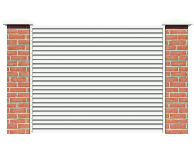 Секция забора жалюзи из ламелей Жалюзи ЭКО-Z RAL9003/9003 Белый 2-х сторонняя с кирпичными столбами анфас