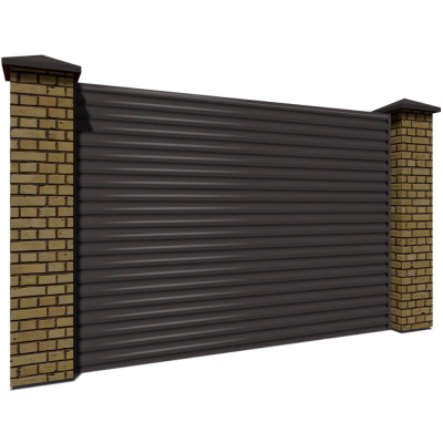 Секция забора жалюзи из ламелей еврожалюзи RAL8019 Темный Шоколад с кирпичными столбами