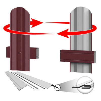 Штакетник металлический ЭКО М-образный 95мм RAL3005 Красное вино Стальной бархат фото крепления Штакетник металлический ЭКО М-образный 95мм RAL3005 Красное вино Стальной бархат фото крепления
