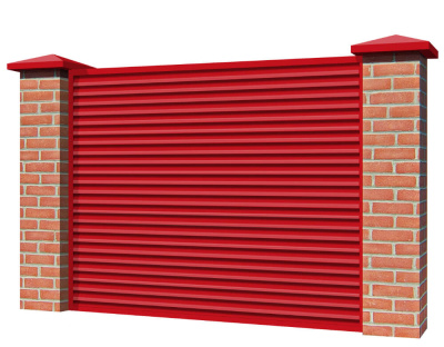 Секция забора жалюзи из ламелей Жалюзи ЭКО-Z RAL3020 Красный с кирпичными столбами