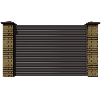Секция забора жалюзи из ламелей еврожалюзи RAL8019 Темный Шоколад с кирпичными столбами анфас